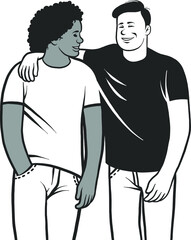 Two friends. A black guy and a white guy smile. Interracial friendship. Flat vector illustration.