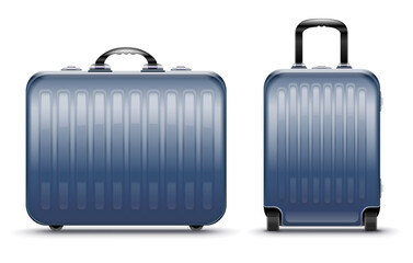 Blue modern suitcases set for travel, case icon isolated on white transparent background. Luggage for airport. Illustration.