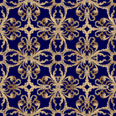 Tapestry floral seamless pattern. Blue ornamental textured background. Repeat vector backdrop. Gold embroidered Baroque Damask style ornament. Vintage embroidery gold flowers, leaves. Grunge texture