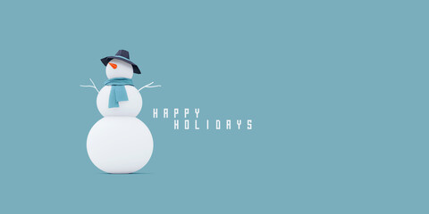 White Snowman with scarf and black hat on blue background 3D Rendering