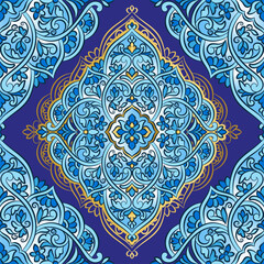 Gold and blue luxury ornament seamless pattern. Traditional Turkish, Indian motifs. Great for fabric and textile, wallpaper, packaging or any desired idea.