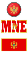Montenegro flag icons on a white background. Vector image: flag of Montenegro, button and abbreviation. You can use it to create a website, print brochures, booklets, flyers, and travel guides.