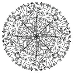 mandala with flowers and abstract ornaments drawn on a white background for coloring, vector, coloring book pages