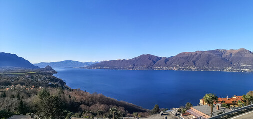 Fototapeta na wymiar Aerial ultra wide panorama of the Lake Maggiore from the belvedere of Brezzo di Bedero