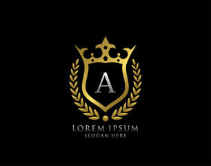 Luxury Monogram A Letter Logo. Classic Gold King Crown badge design for Royalty, Letter Stamp, Boutique,  Hotel, Heraldic, Jewelry, Wedding.