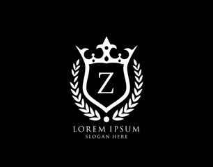 Luxury Monogram Z Letter Logo. Vintage King Crown badge design for Royalty, Letter Stamp, Boutique,  Hotel, Heraldic, Jewelry, Wedding.
