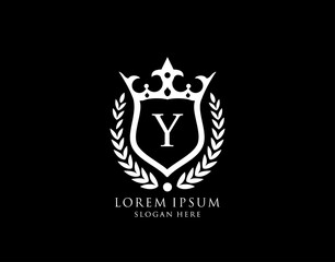 Luxury Monogram Y Letter Logo. Vintage King Crown badge design for Royalty, Letter Stamp, Boutique,  Hotel, Heraldic, Jewelry, Wedding.