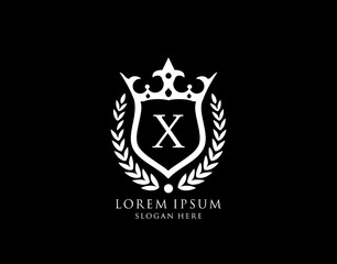 Luxury Monogram X Letter Logo. Vintage King Crown badge design for Royalty, Letter Stamp, Boutique,  Hotel, Heraldic, Jewelry, Wedding.