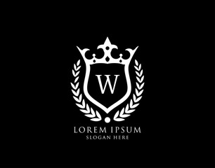 Fototapeta premium Luxury Monogram W Letter Logo. Vintage King Crown badge design for Royalty, Letter Stamp, Boutique, Hotel, Heraldic, Jewelry, Wedding.