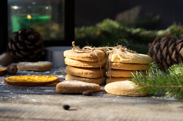 Christmas cookies, Christmas tree and dried oranges.