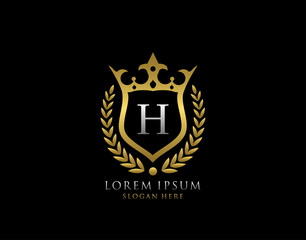 Luxury Monogram H Letter Logo. Classic Gold King Crown badge design for Royalty, Letter Stamp, Boutique,  Hotel, Heraldic, Jewelry, Wedding.