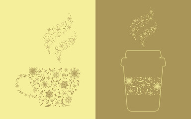 A Cup of tea and a Cup of coffee on a two-color background. Winter drinks