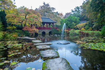 Idyllic autumn landscape with pond in Leverkusen japanese garden