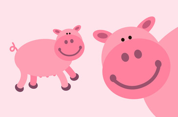 Piggy farm animal smiley face cartoon illustration. This simple happy smiling pig is made of circles, ellipses, and egg shapes. Full vector artwork