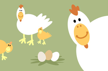 Chickens smiley face cartoon illustration. This simple happy smiling chickens farm cartoon is made of circles, ellipses, and egg shapes. Full vector artwork