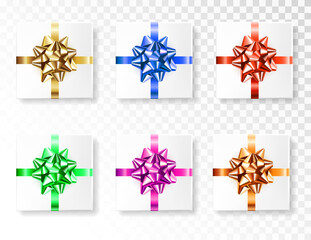 Gift boxes with colorful bow on transparent background. Vector illustration..