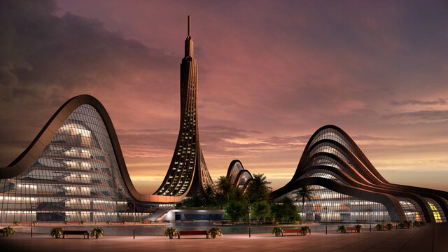 Night time futuristic city architecture