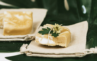 handmade soap made from squeezing soap slivers, the concept of spa and self-care at home, a gift made with your own hands