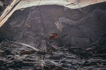 Closeup on amonite shell contained in a rock of jurassic cliff in Kimmeridge Bay, prehistoric rocks containing dolomitic limestone and Fossils commonly found the Kimmeridge Clay (shells of ammonites
