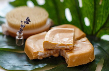handmade soap made from squeezing soap slivers and brush, the concept of spa and self-care at home