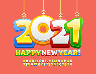 Vector greeting card Happy New Year 2021 with decorative toys. Bright Kids Font. Funny colorful Alphabet Letters and Numbers set