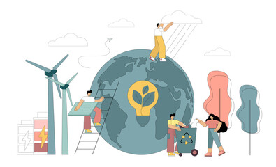 People are solving environmental problems, recycling waste, saving the planet, using alternative forms of energy. Vector isolated illustration