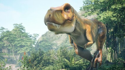 The Tyrannosaurus Rex dinosaur slowly creeps up on its prey in a thicket of green prehistoric jungle. View of the green prehistoric jungle forest on a Sunny morning.