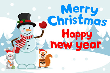 Snowman with a squirrel and a hare on the background of nature, copy space. Happy New Year and Merry Christmas