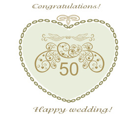 Congratulations on the 50th anniversary of the golden wedding. Postcard with wishes. Beautiful illustrated vector design
