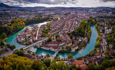 Panoramic view over the city of Bern - the capital city of Switzerland - travel photography - obrazy, fototapety, plakaty