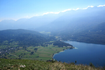 Panorama of the Julian Alps. View of the Bohinjsko lake. Triglav National Park, Slovenia