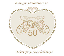 
Congratulations on the 50th anniversary of the golden wedding. Postcard with wishes. Beautiful illustrated vector design 

