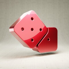 Dice icon. Red glossy metallic Dice symbol isolated on white concrete background.
