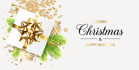 Fototapeta na wymiar Merry Christmas and Happy New Year banner with gift box, golden glitter snowflakes, balls, fir tree and confetti on white background. Vector ilustration.