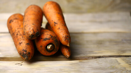 Fresh farm carrots on a wooden surface. Carrot harvest. Country style.