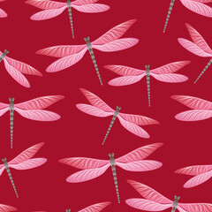 Obraz premium Dragonfly simple seamless pattern. Repeating clothes fabric print with darning-needle insects. 