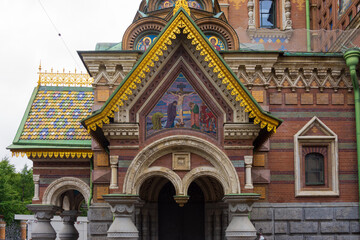 Cathedral of Our Savior on Spilled Blood. Closeup of domes and architecture facade details in St. Petersburg, Russia