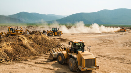 Earthworks in an open area on a summer sunny day. Cargo dump trucks, excavators, wheel loaders and bulldozers operate at the same time.