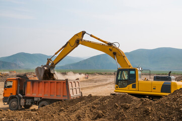Fototapeta na wymiar Excavator loads clay into the body of a dump truck on a sunny summer day