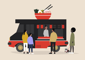Naklejka premium A Japanese ramen food truck, people ordering and waiting their takeaway food