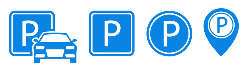 Car parking vector icons. Parking and traffic signs isolated on white background. Vector illustration. - obrazy, fototapety, plakaty