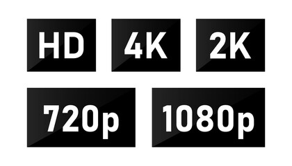 HD icon vector. HD flat buttons. Set of video quality vector icons isolated on white background. Vector illustration.