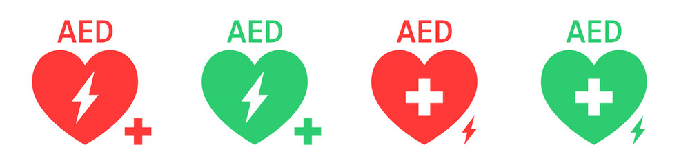 Obraz premium AED vector icon set. Hearts electricity. Signs automated external defibrillator. Vector illustration, eps10.