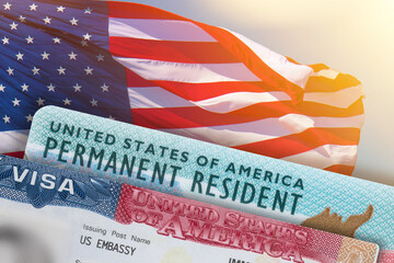 VISA United States of America. Green Card US Permanent resident card. Work and Travel VISA. Immigration to the USA. Immigration visa. Embassy US or USA. Vacation in the USA. Visa in passport. - obrazy, fototapety, plakaty