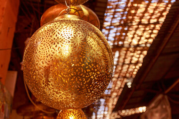 Traditional moroccan brass lamp in the Medina bazaar of Marrakesh, Morocco