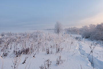 A fabulous winter landscape illuminated by the first rays of the sun.