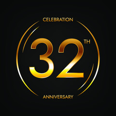 32th anniversary. Thirty-two years birthday celebration banner in bright golden color. Circular logo with elegant number design.