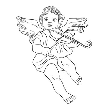 Angel playing the violin. Line art angel figurine, on a white background. Copy space. Vector icon. For cards, posters, coloring book,for scientific journals book illustrations. Baby birthday cards.