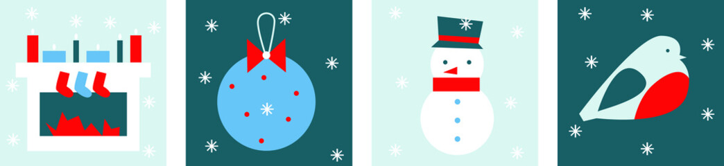 Magic flat Christmas decorations, mistletoe, fireplace, snowman, bullfinch, snowflakes. Diverse Merry Christmas elements. Happy New Year banners. Happy Holiday art. Noel. All elements are isolated.