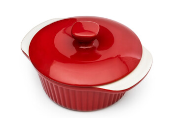 Red ceramic pot on white. Soup tureen.